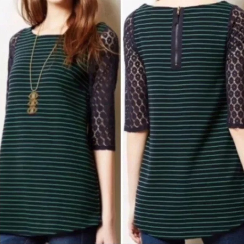 Anthropology Postmark Navy and Green Striped Tunic with lace sleeves Size Medium